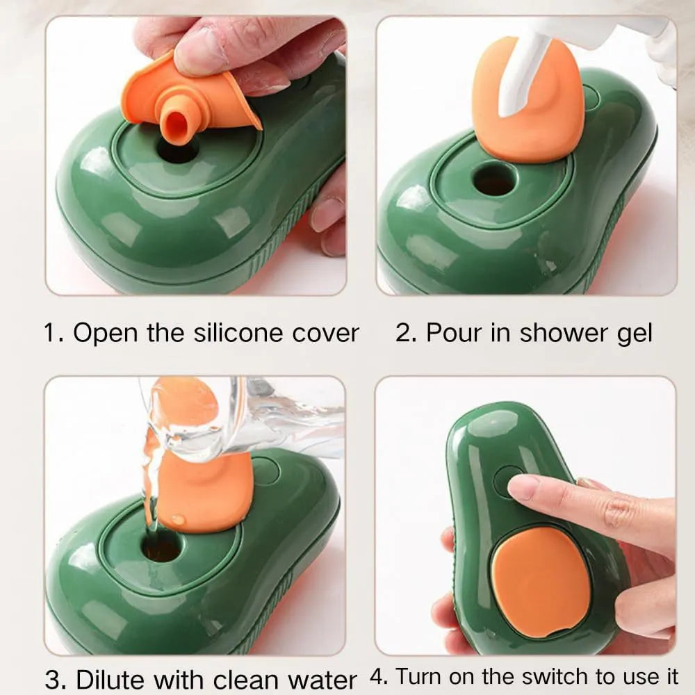 Green and white 3 in 1 cat steam brush with water spray, silicone teeth, showing 11cm size