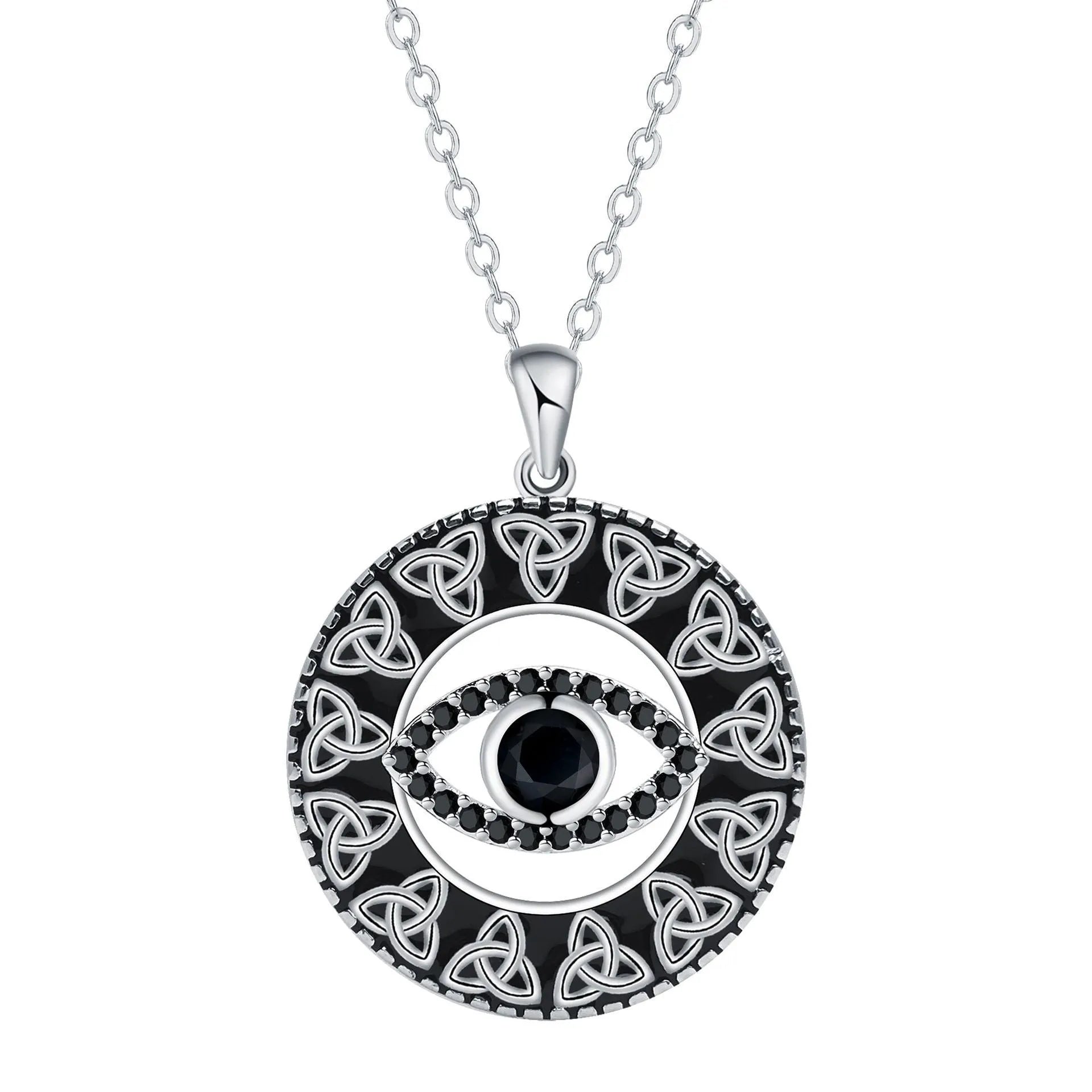 Close-up of a copper Devil's Eye pendant necklace on a cross chain for women.