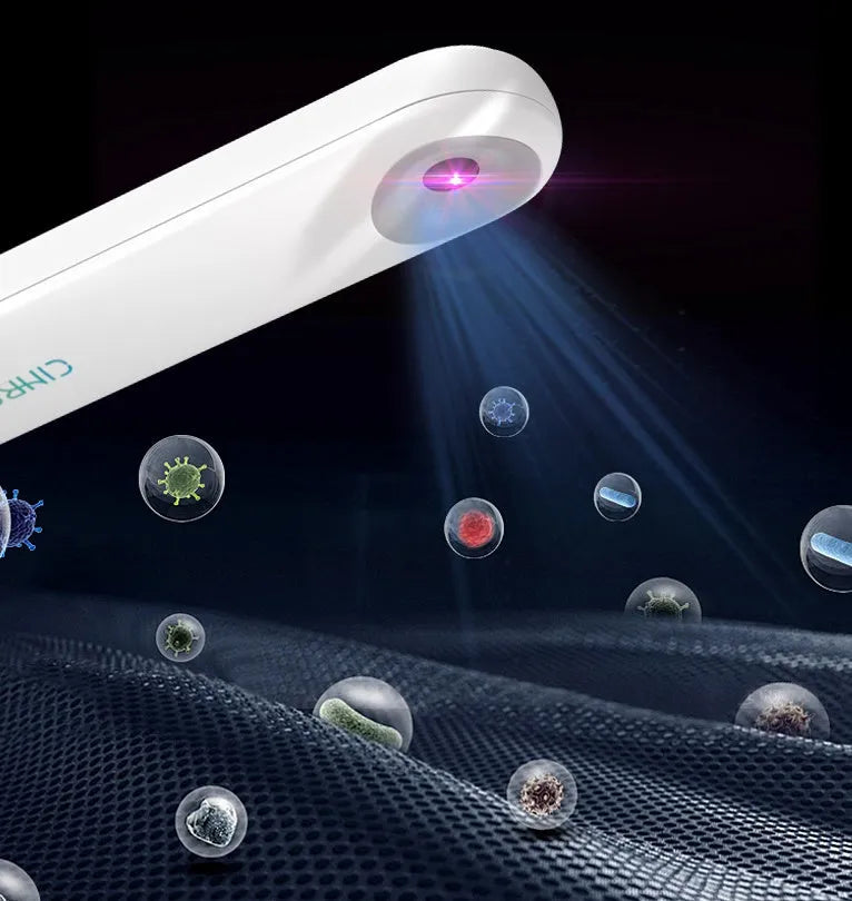 White portable UV sterilizer lamp showing compact size for personal disinfection use.