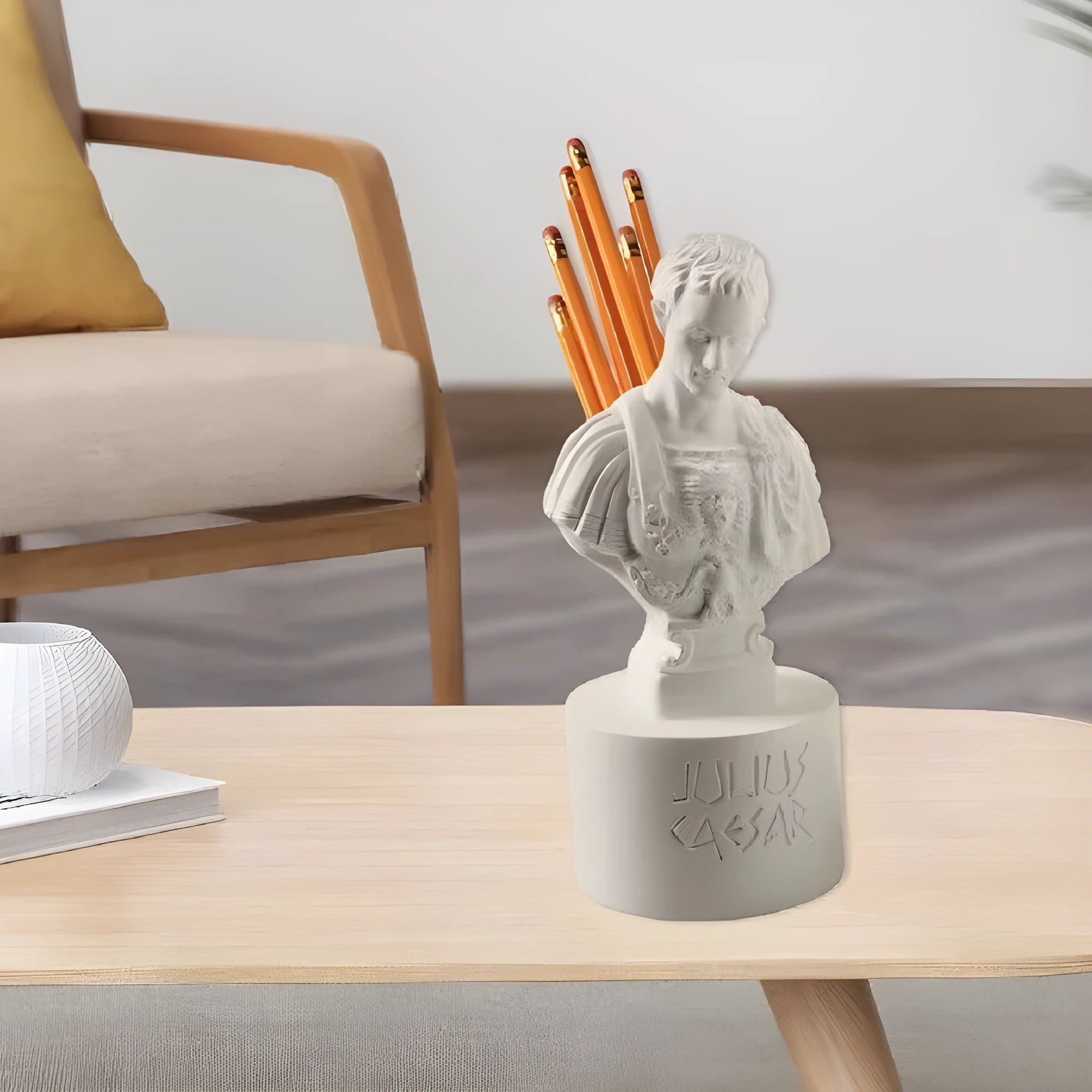 White American creative character model synthetic resin pen holder on a desk.