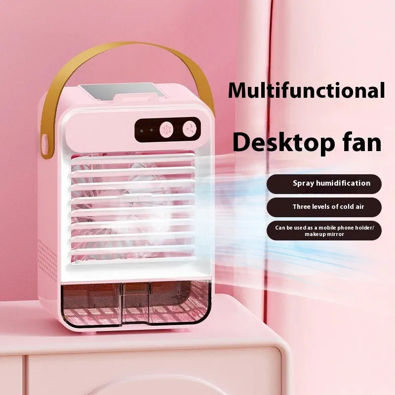 Dark green portable desktop fan with USB cable and control buttons showing compact 19x12.5x10cm dimensions