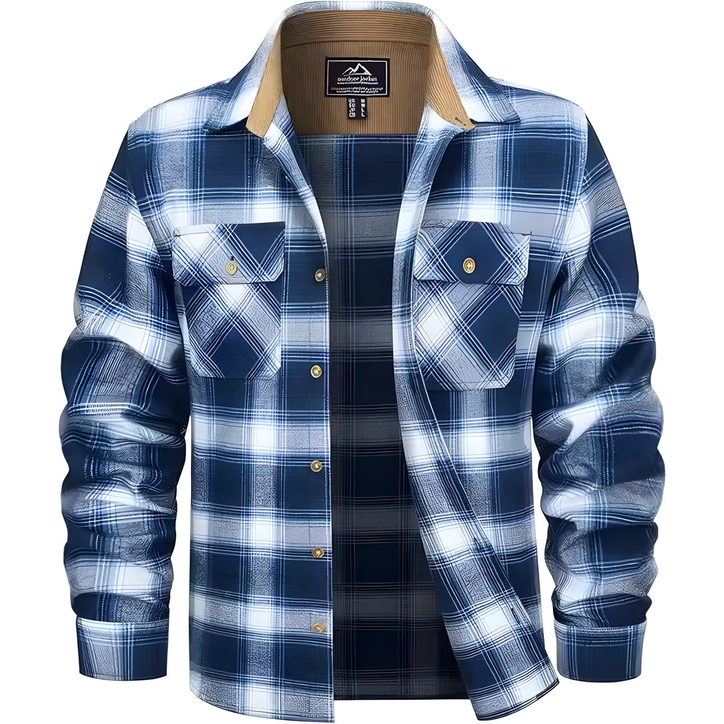 Men's plaid flannel button shirt in cardigan style showing colour options