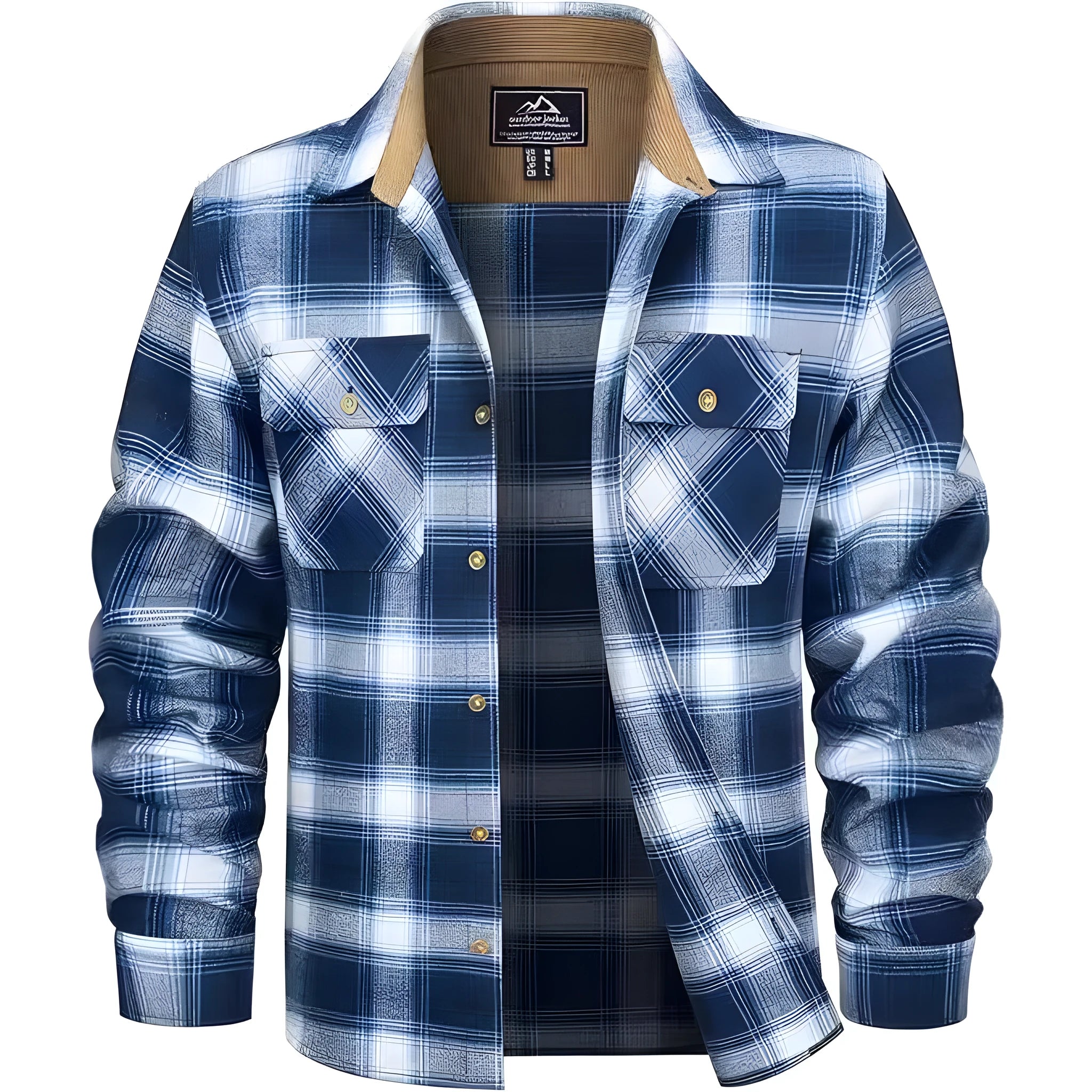 Men's plaid flannel button shirt in cardigan style showing colour options