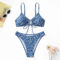 Blue polyester swimsuit three-piece set without steel ring, showing top and shorts