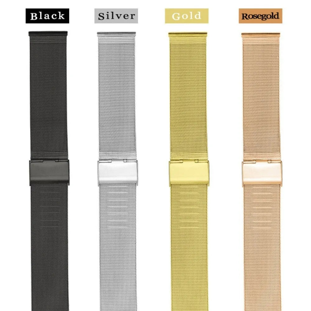 Milani stainless steel watch band with woven silk texture in silver, black, rose gold, and gold colours.