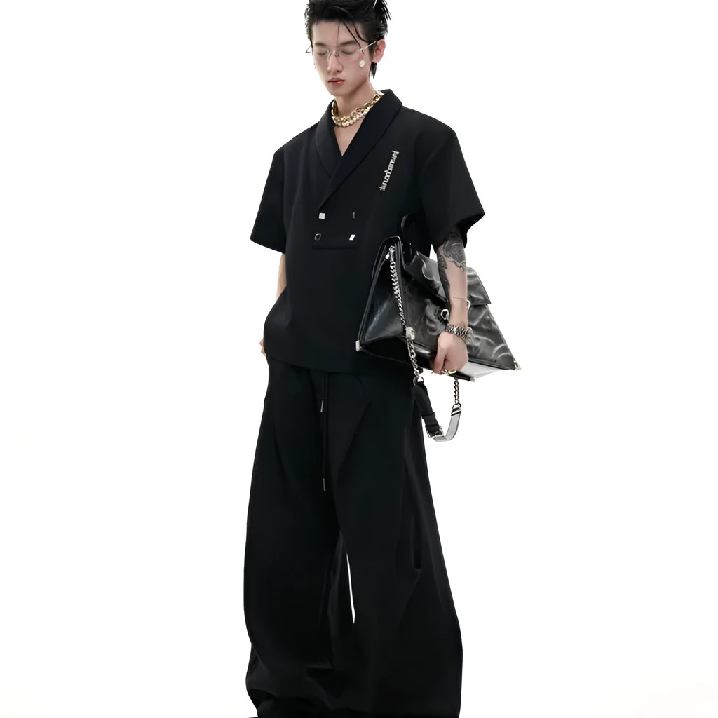 Men's dark grey cotton sports suit with V-neck jacket and matching shorts featuring metal embellishments