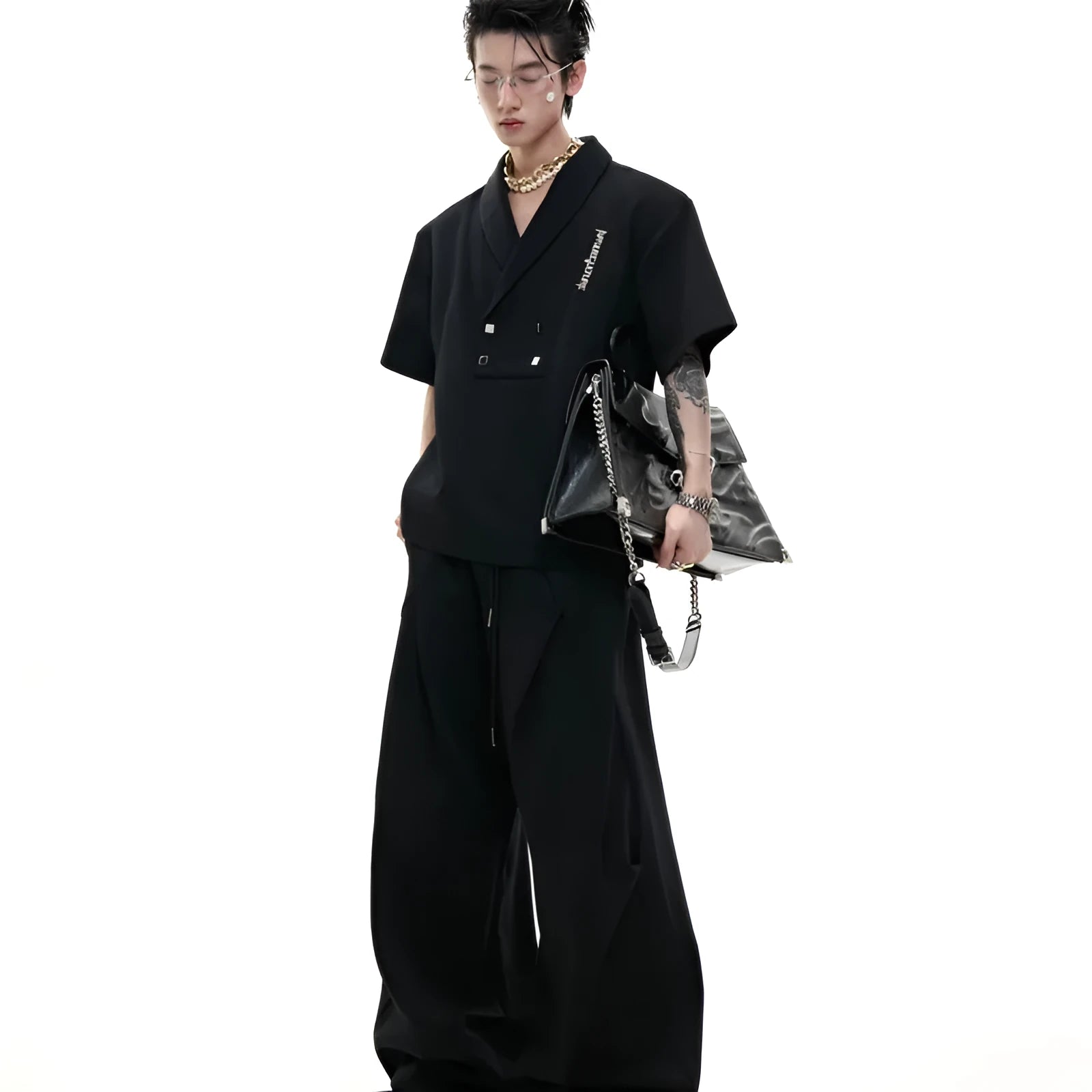 Men's dark grey cotton sports suit with V-neck jacket and matching shorts featuring metal embellishments
