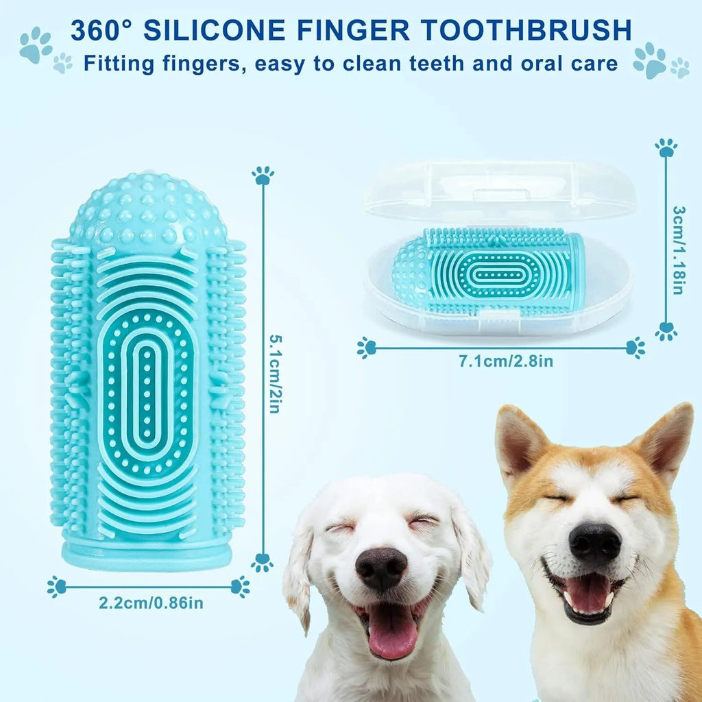 Dog finger toothbrush with 360° silicone bristles in blue, green, pink, and purple – soft non-slip sleeve for pet teeth cleaning