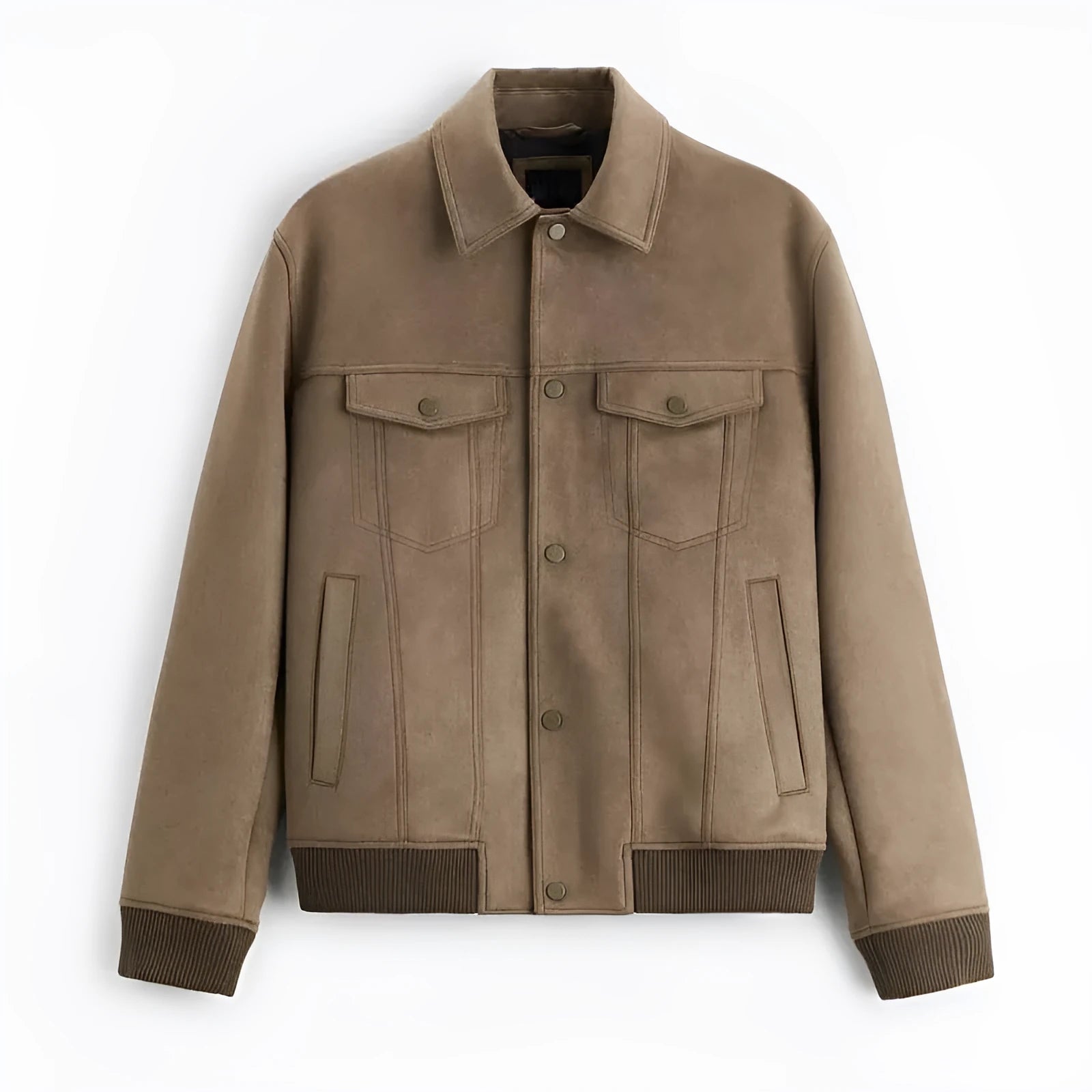 Women's light grey suede velvet jacket with long sleeves, showing a British-style cut.