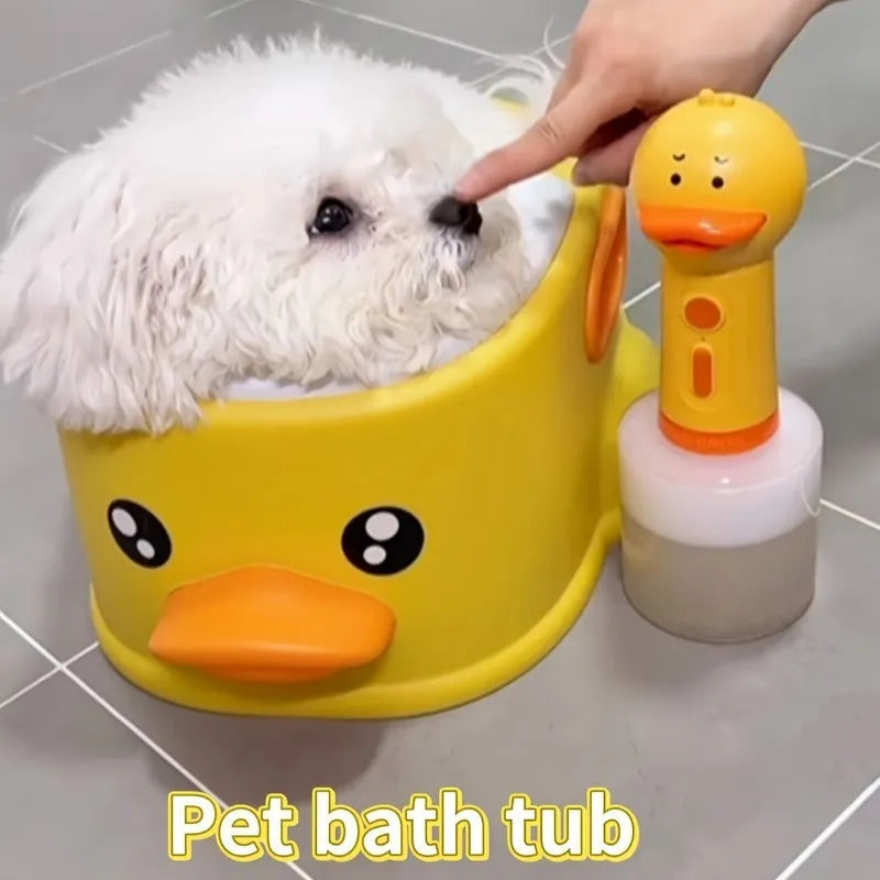 Blue PVC duck-shaped bathtub for washing a dog or cat at home.