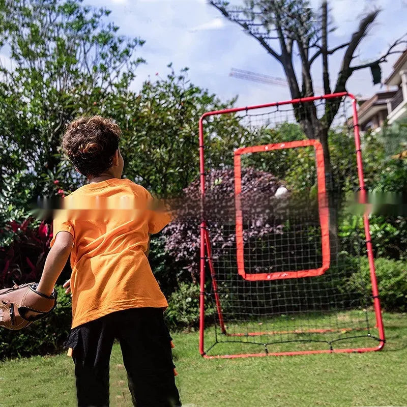 Red 4x6ft baseball training net with adjustable metal frame for sports practice