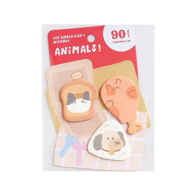 Animal shaped sticky note set showing decorative covers with bunny, kitten, and sea otter designs