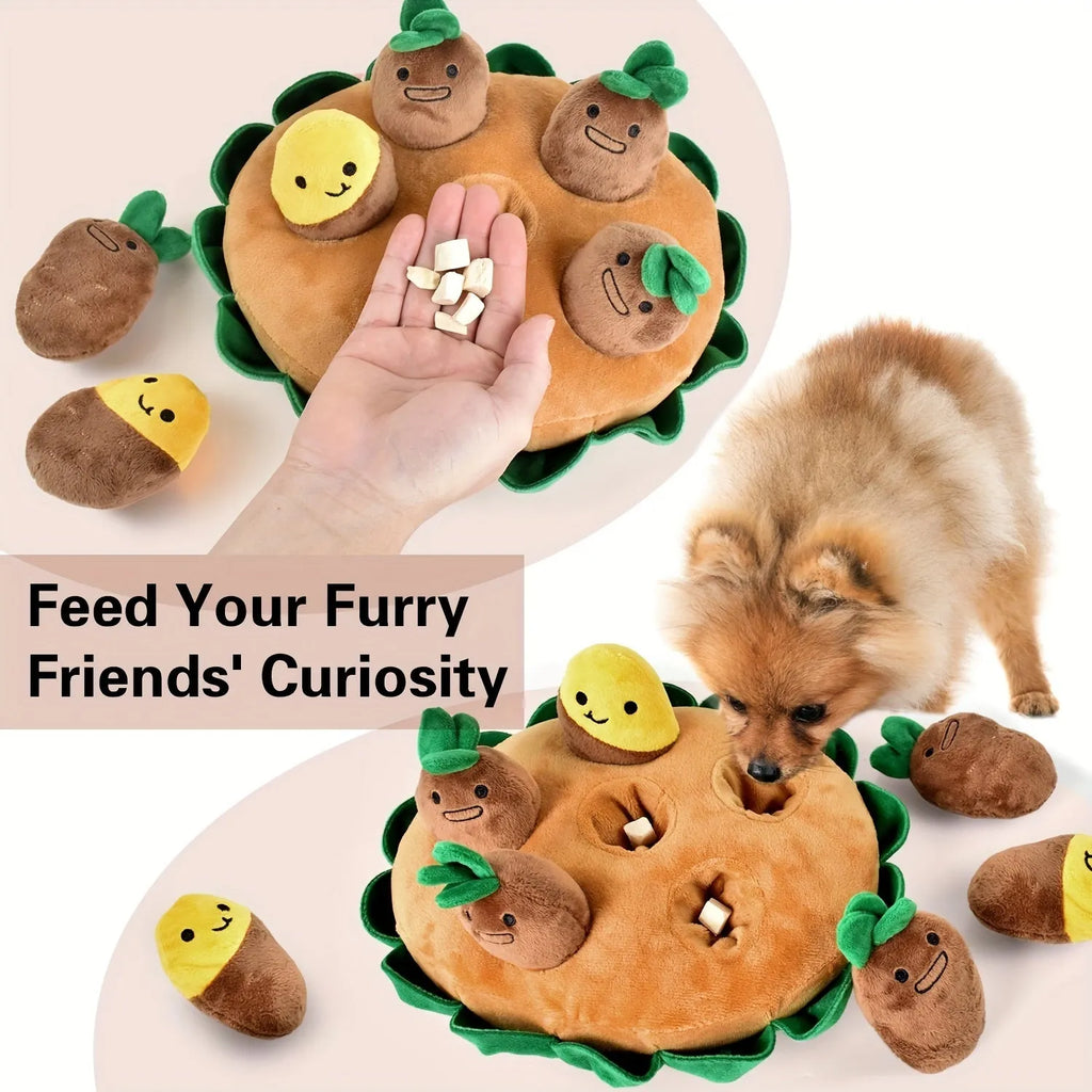 Yellow interactive dog puzzle toy with sniffing pads and removable squeaky plush toys on feeding mat