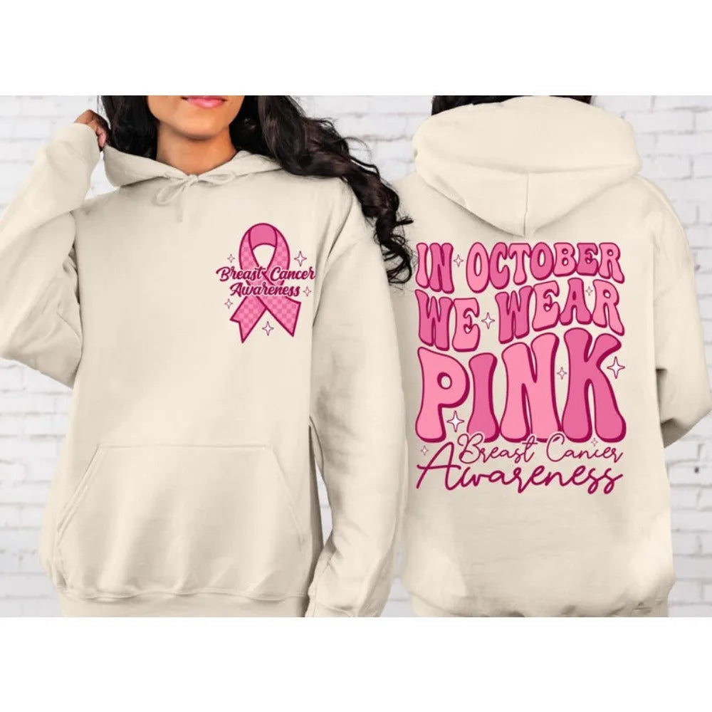 Breast Cancer Awareness hoodie with retro hot stamp design and side seam pocket in selected colour.