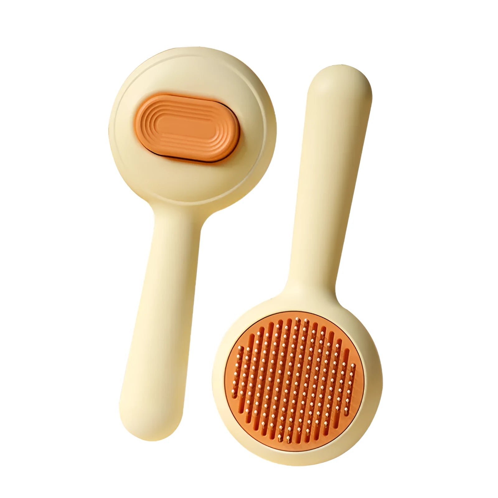 Green and yellow cat grooming brush with stainless steel comb and non-slip handle on a white background.
