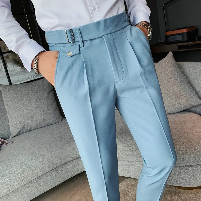 Straight leg casual trousers in solid colours with polyester fabric and waist sizes 29-36
