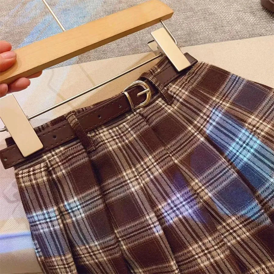 Children's plaid pleated skirt in cotton blend fabric with A-line silhouette