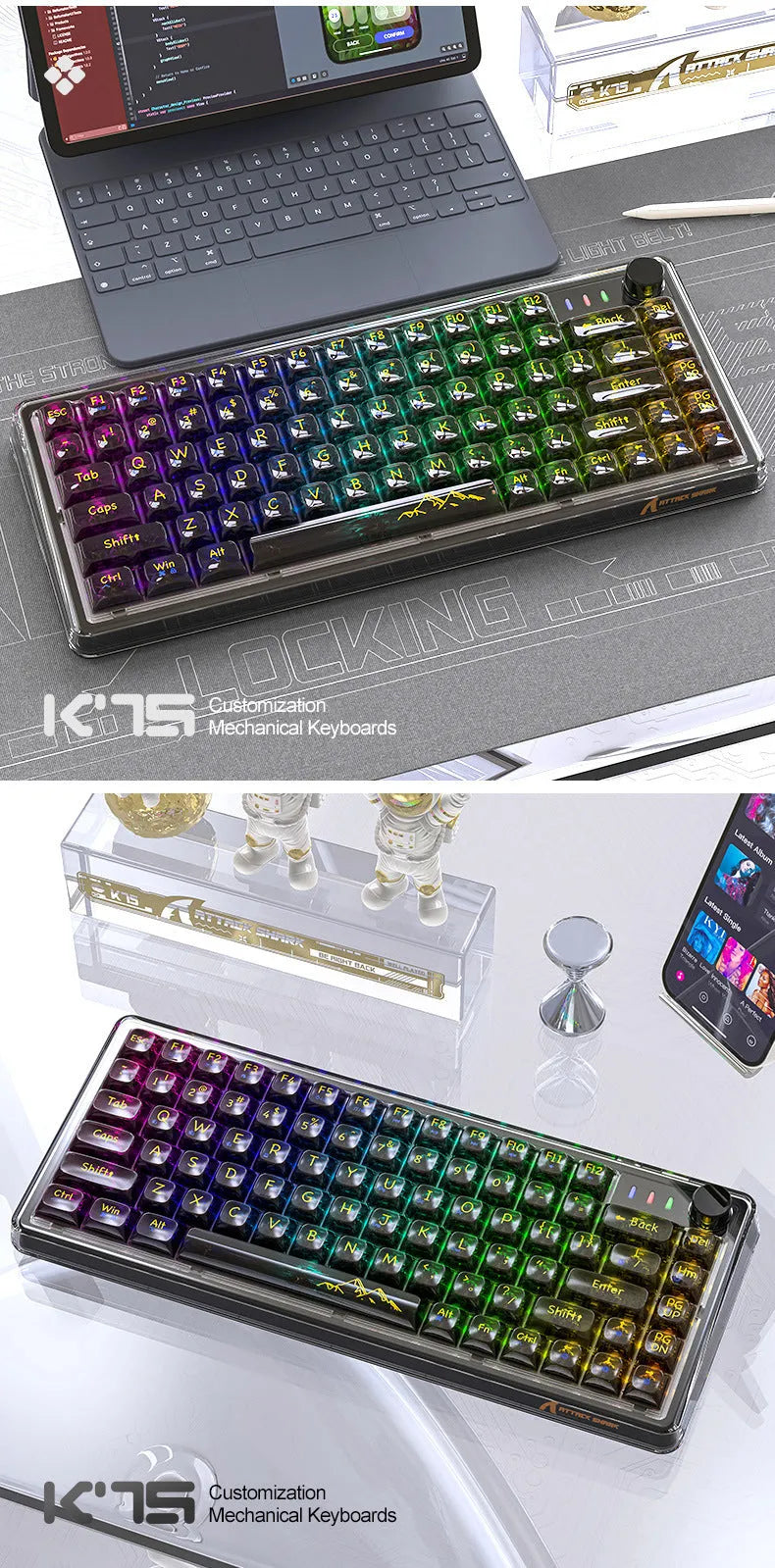 Attack Shark K75RGB transparent wireless mechanical keyboard with RGB lighting on a desk.