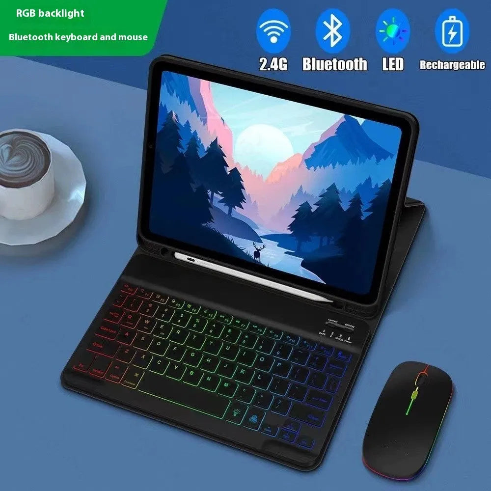 iPad protective leather case with built-in RGB backlit Bluetooth keyboard and stand in black colour
