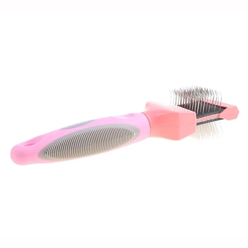 Double-sided dog grooming brush with stainless steel pins in blue or pink colour options