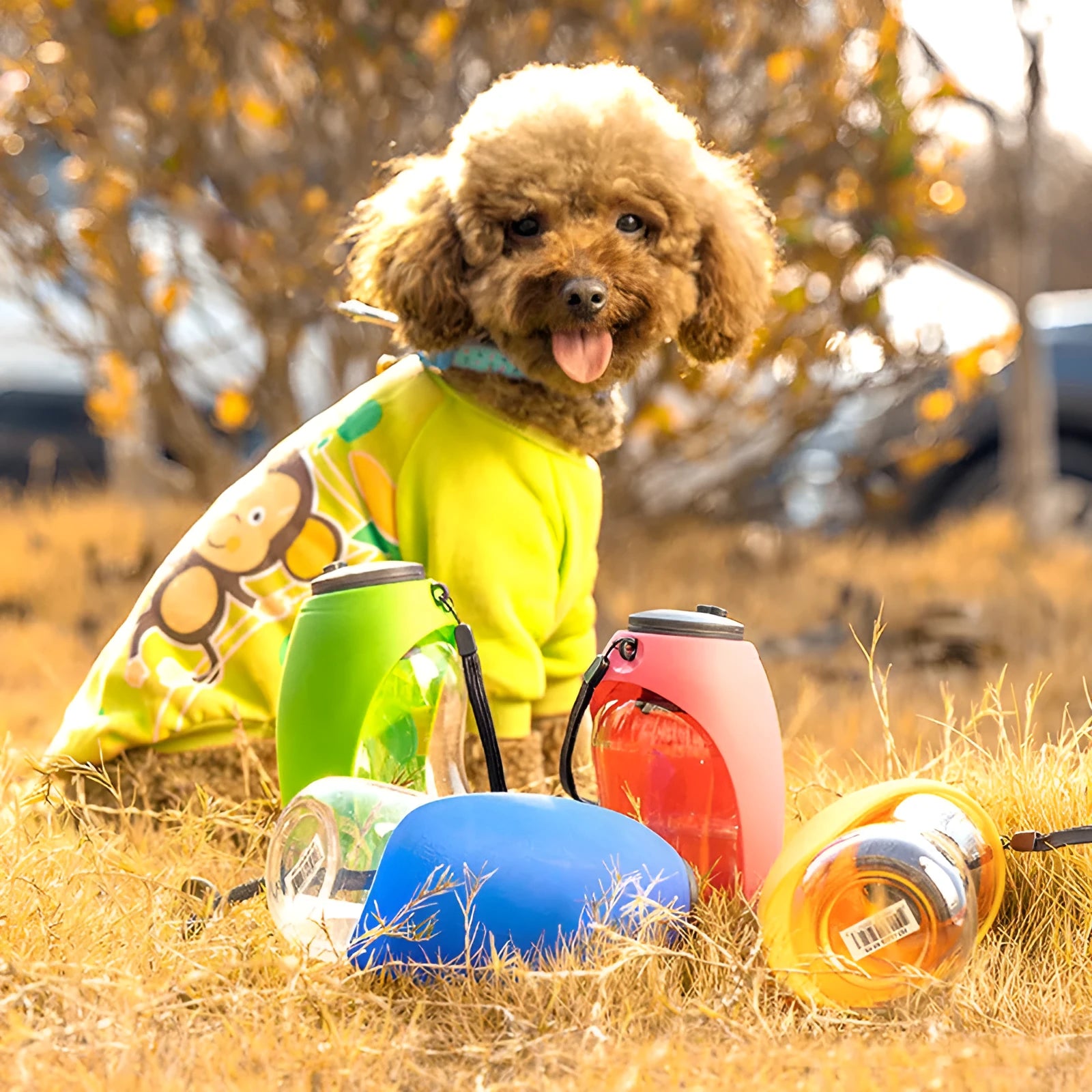 Portable blue pet drinking water bottle with attached bowl and carabiner clip for outdoor use