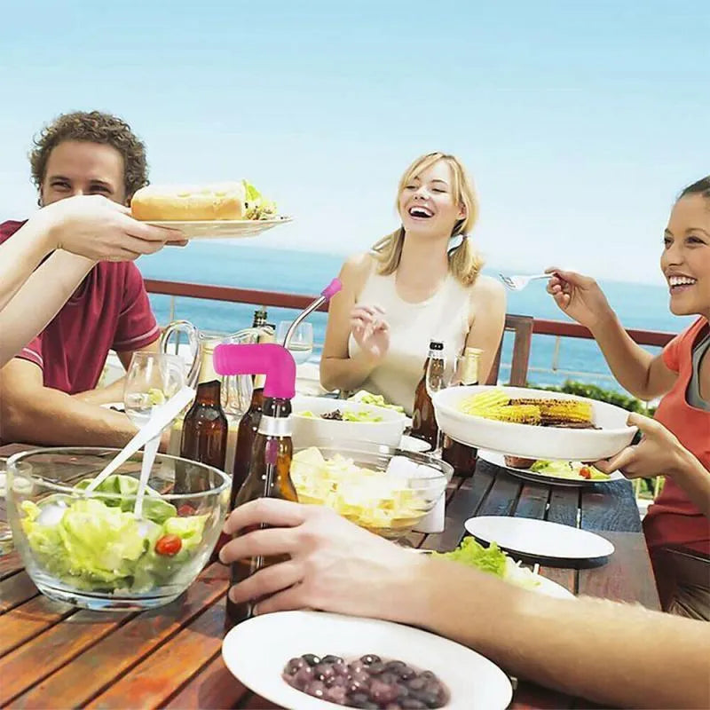 Beer snorkel straw in rose red, blue, and yellow for fast bottle drinking