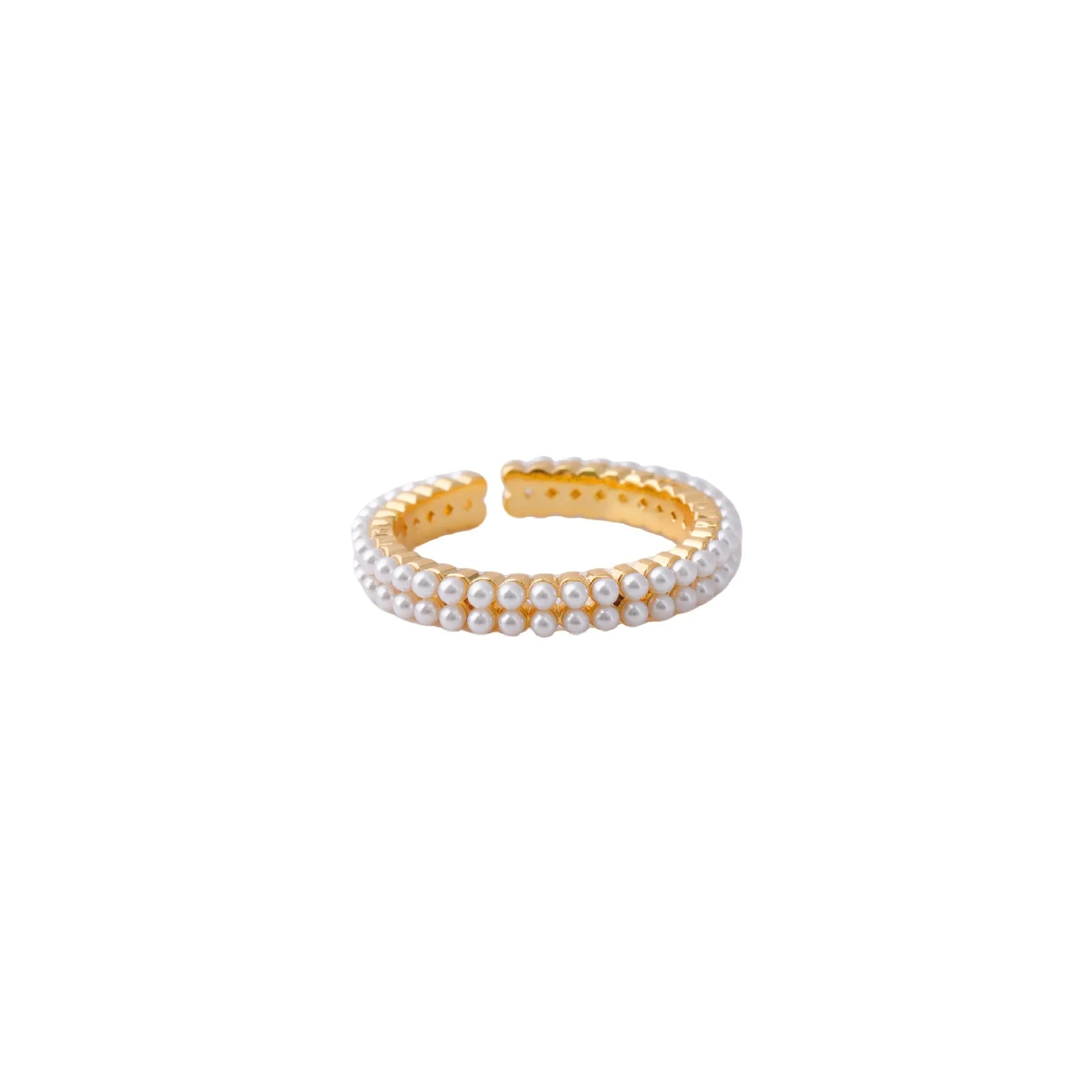 Gold geometric open ring for women with a pearl centre on a white background.