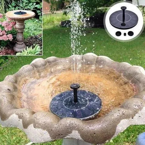 Black solar-powered floating fountain pump with four different nozzles on a 16cm square base.