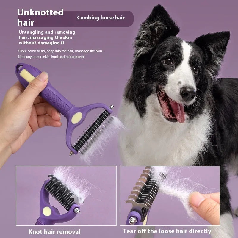 Purple double-sided plastic pet comb for detangling knots on dogs and cats