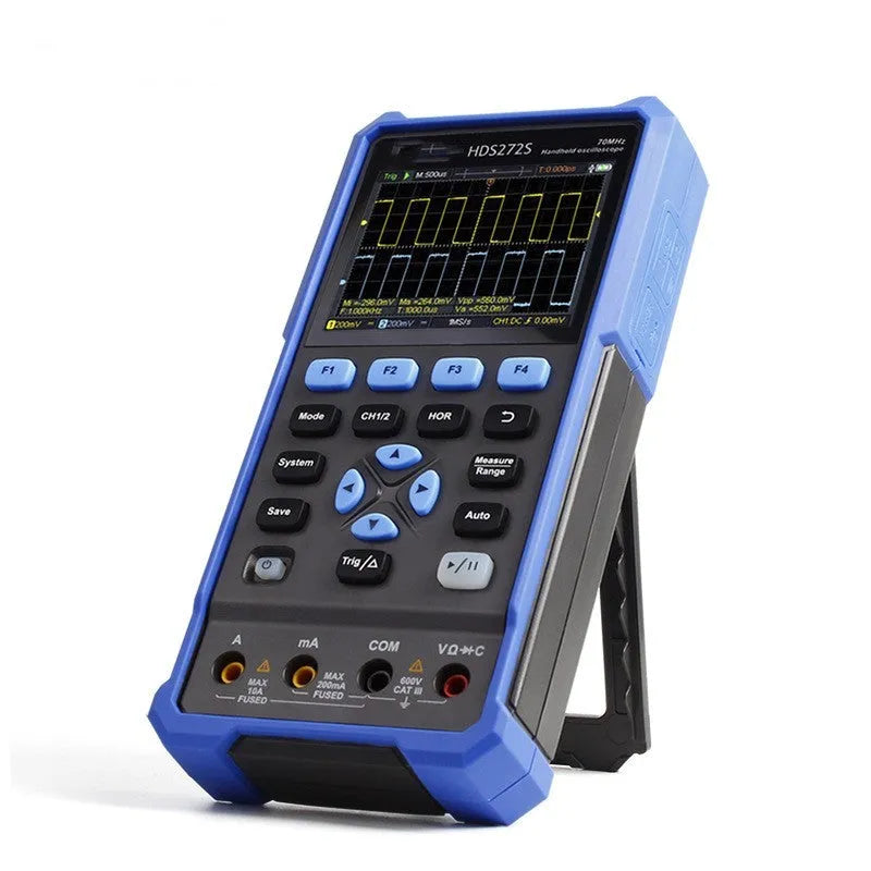 Owon HDS272 handheld digital oscilloscope with probe and accessories on workbench