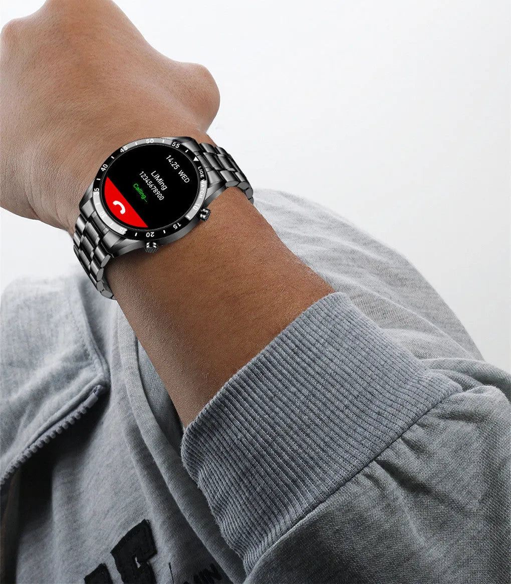 Smart watch with stainless steel wristband and 1.3 inch screen showing step count display