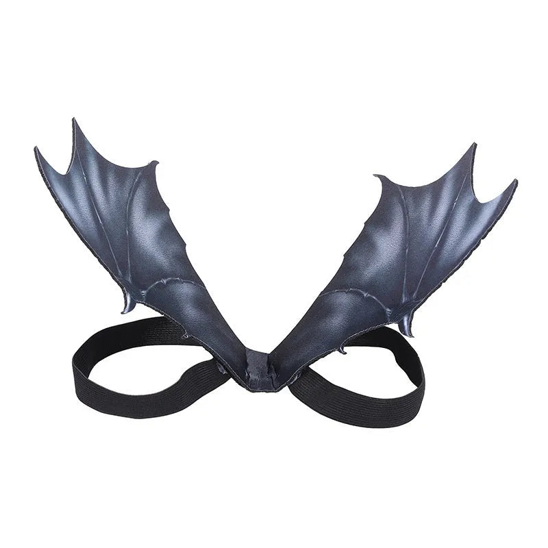 Black cloth bat wings costume for pets with three size options shown