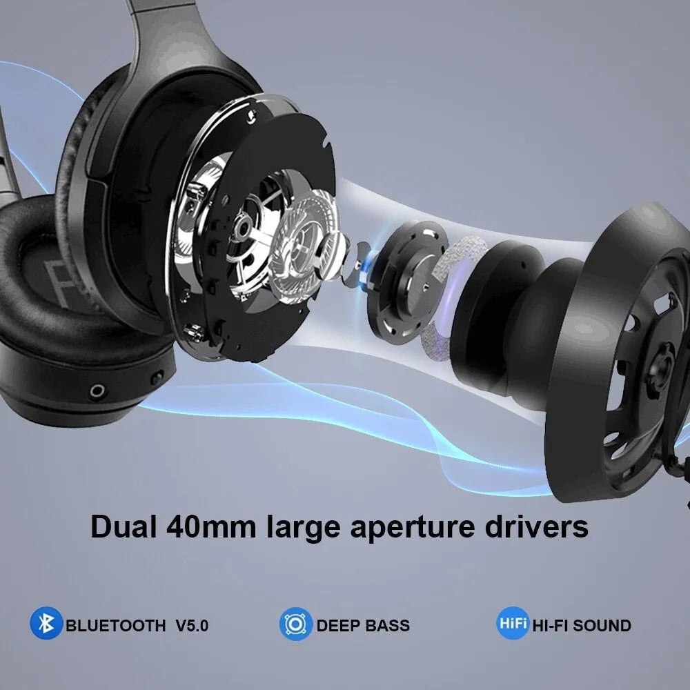 Black Gorsun E98 over-ear wireless Bluetooth headphones with memory-protein ear cushions and adjustable stainless steel headband.