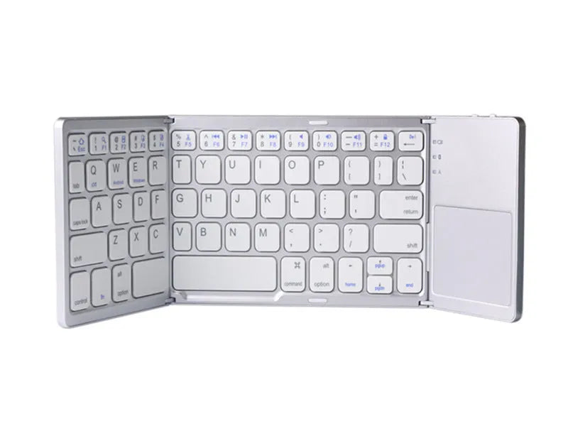 Black tri-fold folding Bluetooth keyboard with built-in touchpad, shown both folded and unfolded