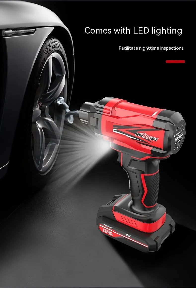 Red and black portable car air pump with cigarette lighter plug, multiple nozzles, and 3m power cable