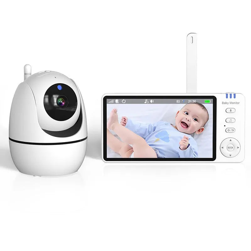 White HD wireless baby monitor with 5-inch screen and separate camera on a nursery shelf.