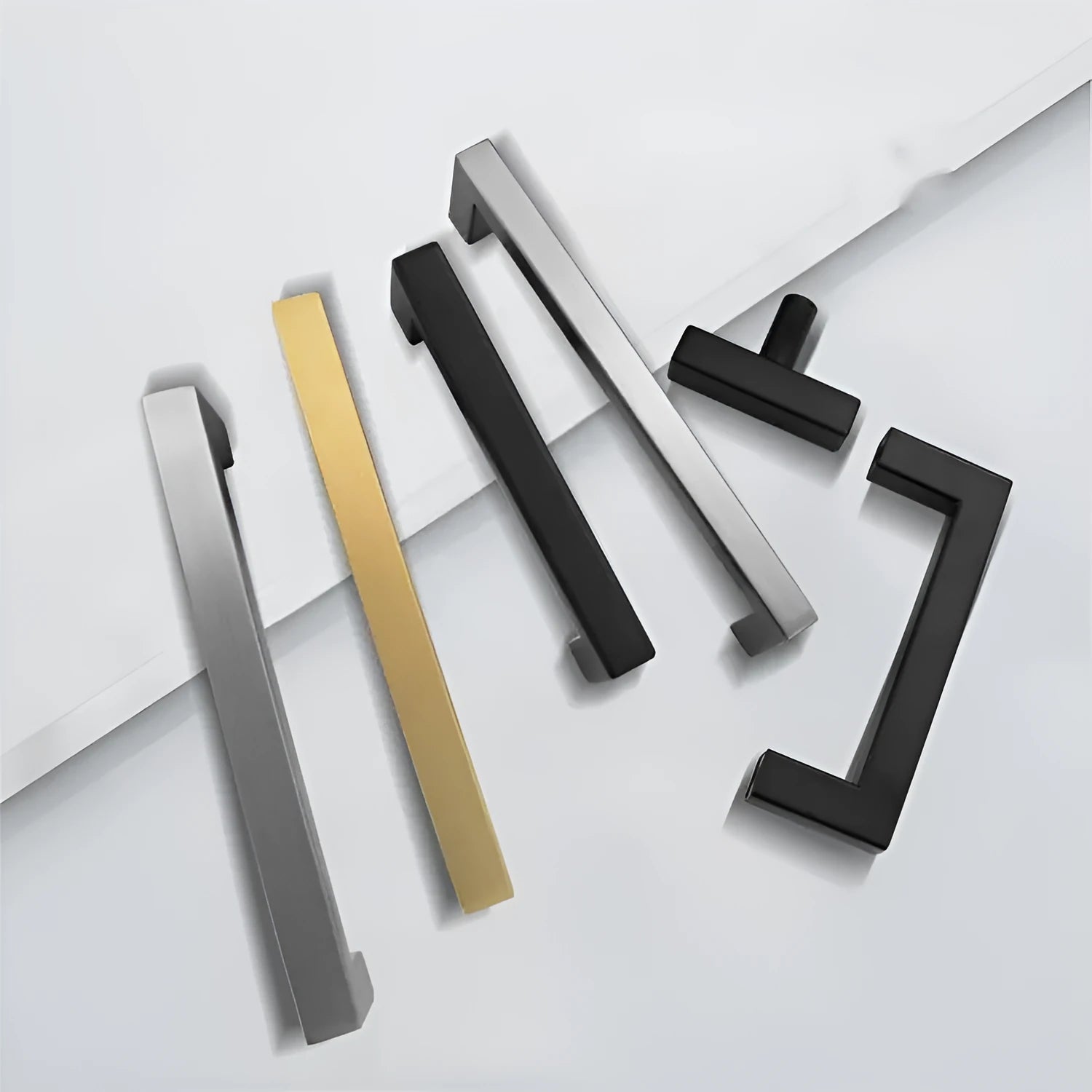 Stainless steel square pipe cabinet handle with a brushed finish, shown next to a size specification chart.