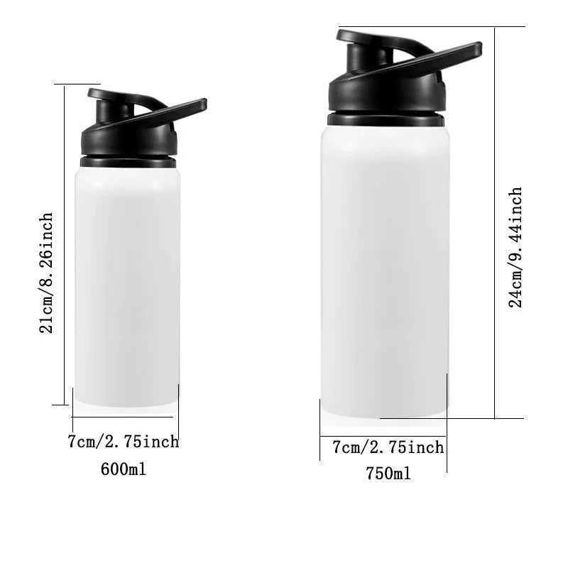White aluminium sports water bottle for cycling with 600ml and 750ml capacity options.
