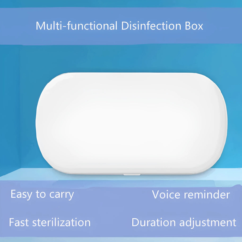 White ABS wireless UV steriliser and charging box with display showing dimensions and phone inside.