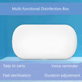 White ABS wireless UV steriliser and charging box with display showing dimensions and phone inside.
