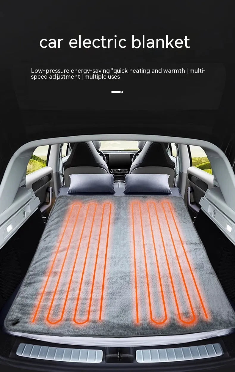 Grey 12V car electric blanket with cigarette lighter plug showing intelligent temperature control panel