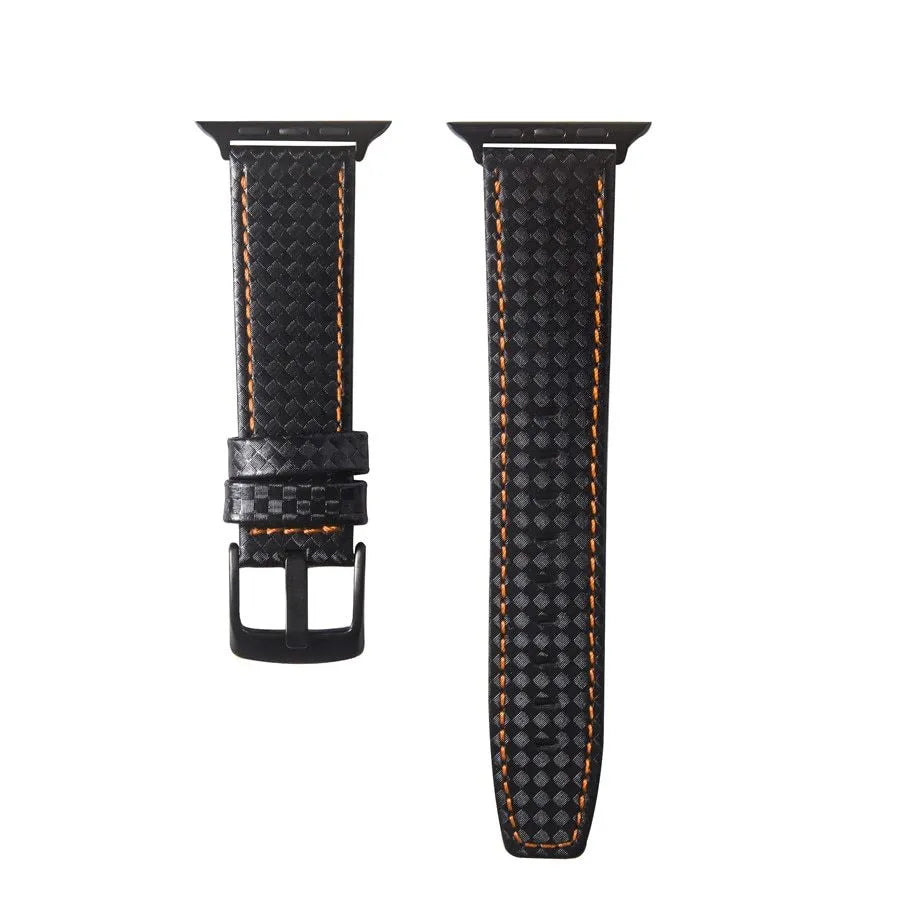 Leather Apple Watch strap with carbon fibre pattern case in black, blue, orange, and red colour options