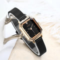 Women's square retro casual watch with rose shell case and thin 8mm profile on wrist.
