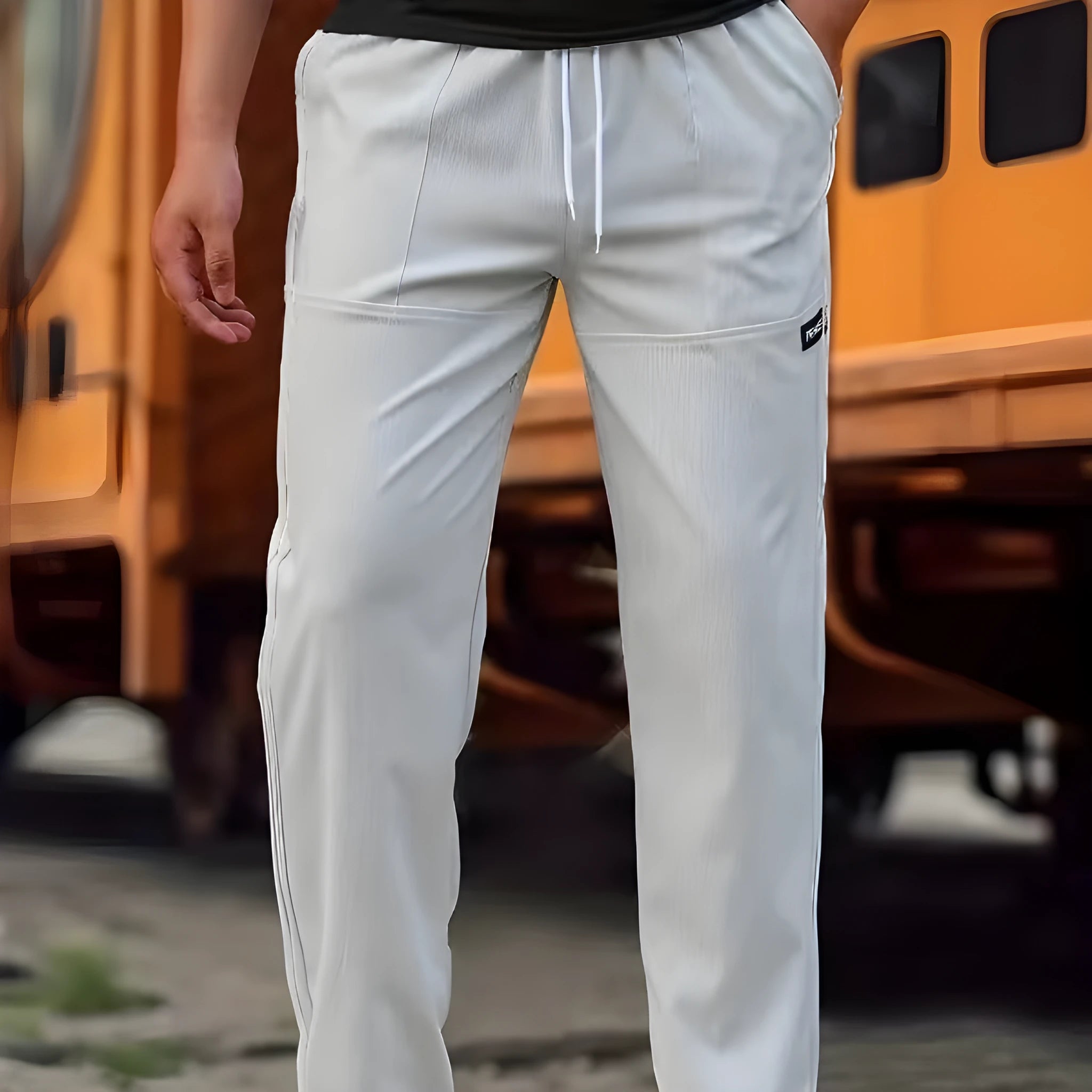 Men's light grey polyester trousers for spring and autumn casual wear