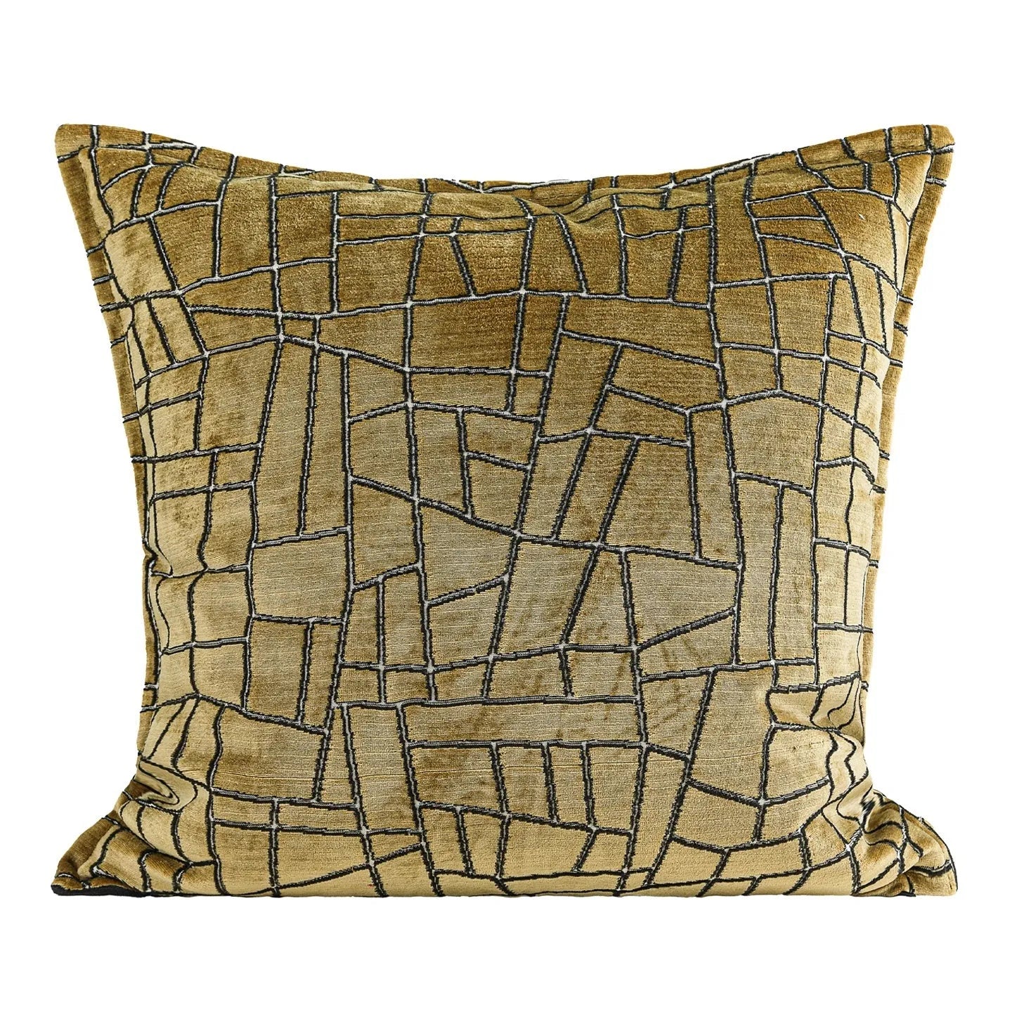 Gold geometric pattern polyester pillow cover shown in square and waist pillow sizes on a grey sofa.