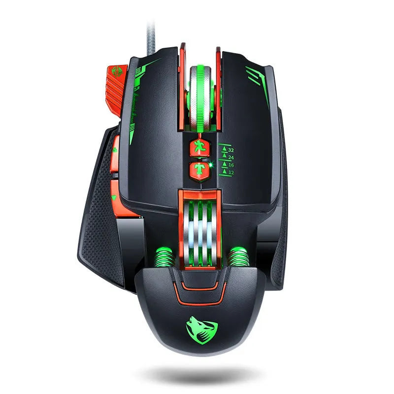 Thunder Wolf V9 wired gaming mouse in black or grey on a desk, showing six buttons and USB cable.