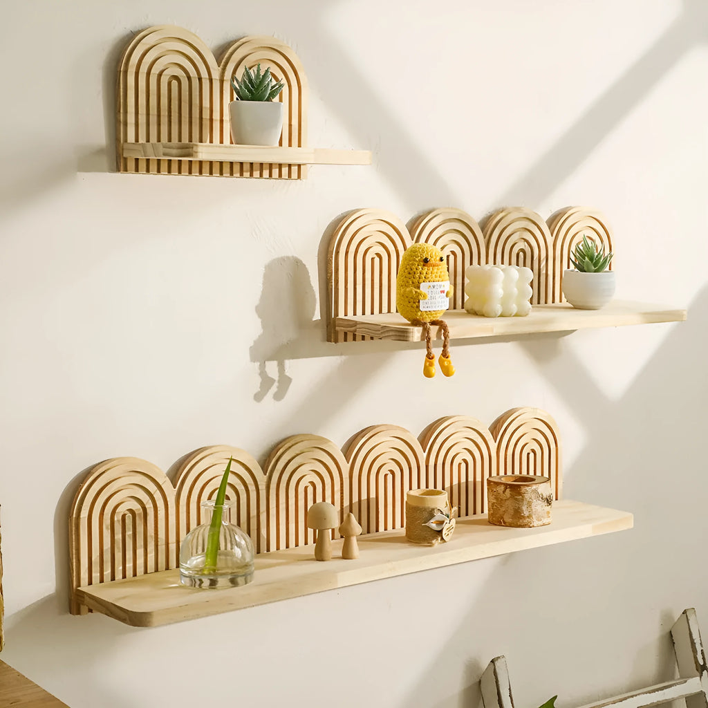 Wooden multi-layer wall storage rack holding potted plants on horizontal shelves