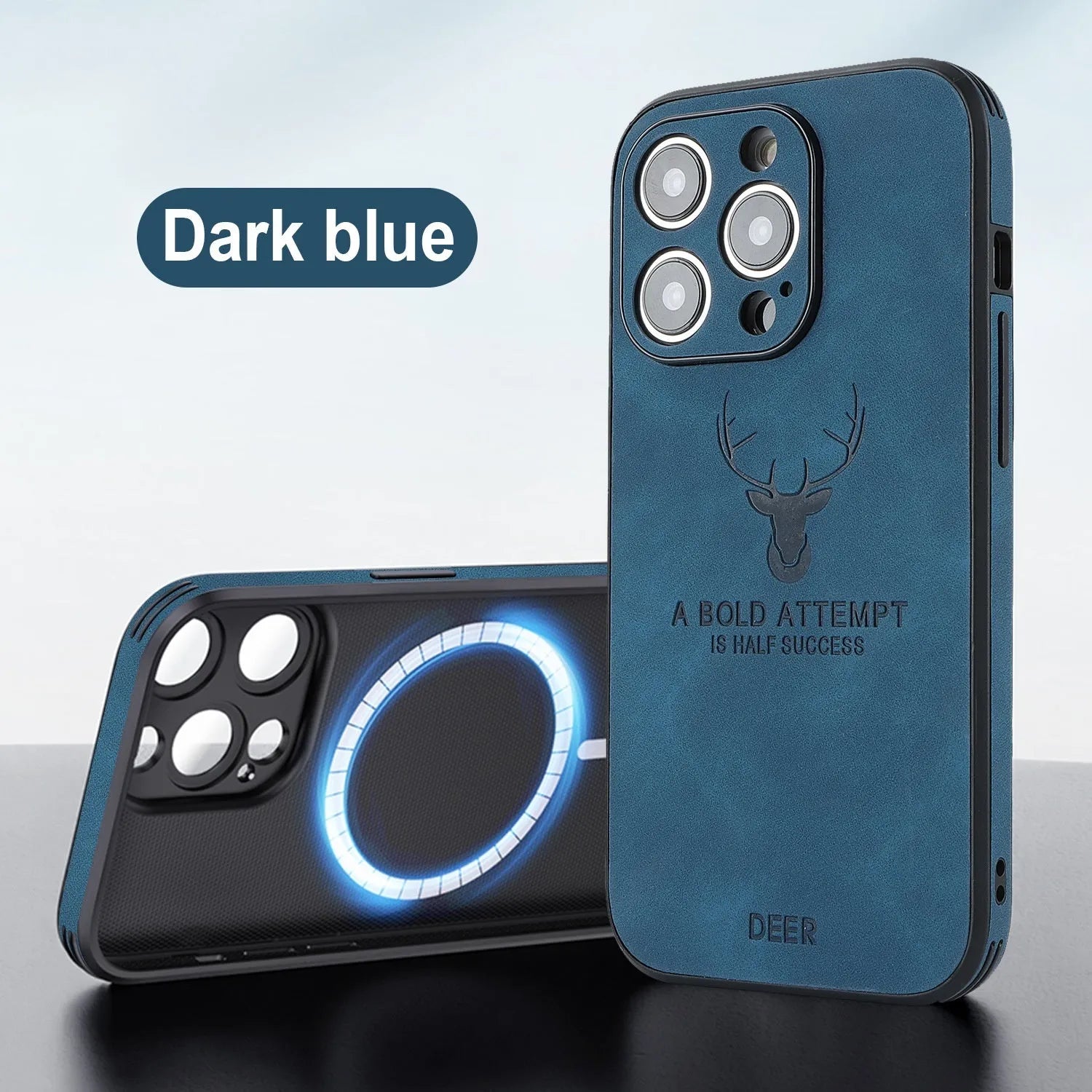 iPhone 16 magnetic charging case with embossed moose head design in imitation leather.