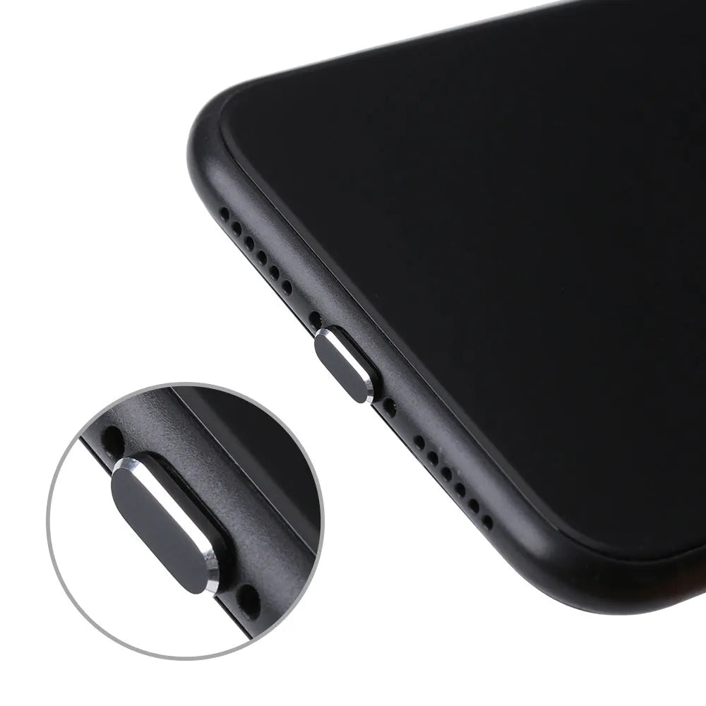 Aluminium alloy iPhone charging port dust plug shown in various colours including gold, silver, blue, and rose gold.