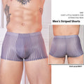 Men's black and white striped thin nylon underwear laid flat.